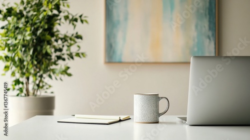 Wallpaper Mural Minimalist modern home office workspace with laptop, and ceramic cup on white wooden desk with soft natural sunlight for remote work study concept. Minimalist Scandinavian style interior design. Torontodigital.ca