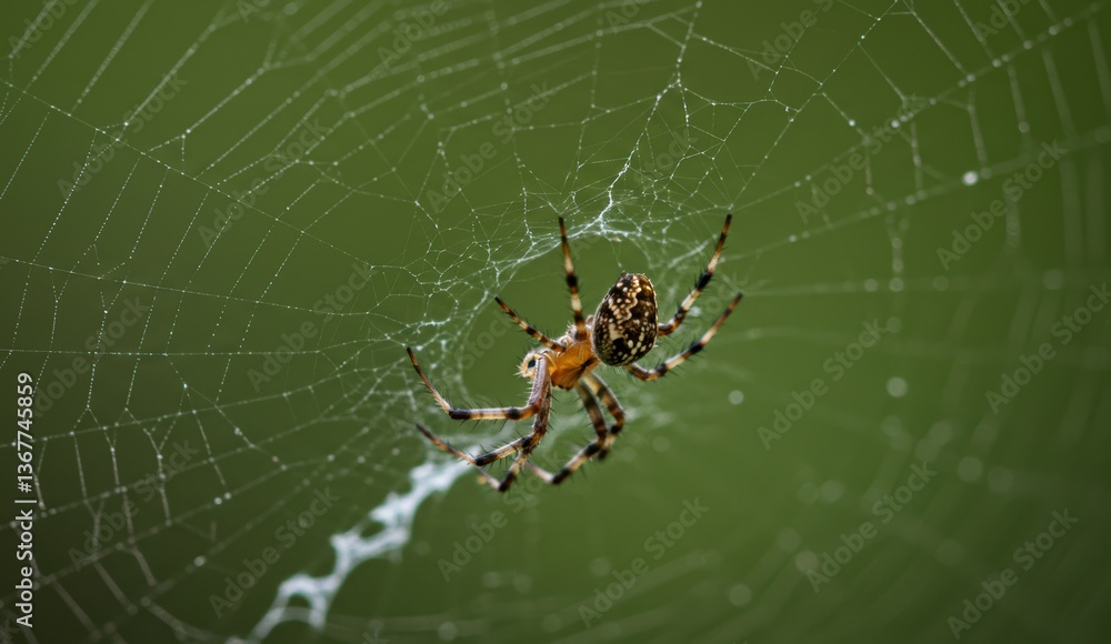 Brown spider weaving silk in cobweb on green background, showcasing nature's biodiversity and insect behavior. Brown spider weaving silk in cobweb on green background, showcasing nature's biodiversity and insect behavior.