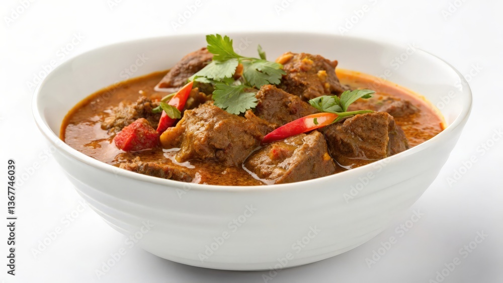 Spicy Beef Curry in a White Bowl Garnished with Fresh Herbs and Red Chili for Authentic Cuisine Photography
Spicy Beef Curry in a White Bowl Garnished with Fresh Herbs and Red Chili for Authentic Cuisine Photography