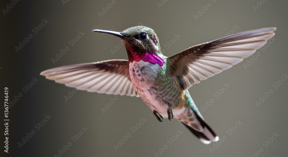 Fototapeta premium Colorful hummingbird in mid-flight showcasing iridescent feathers against a blurred background