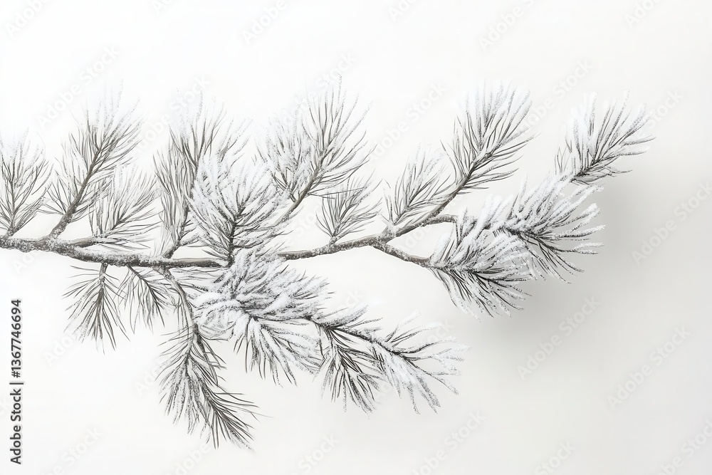 delicate winter pine branch with frosted needles against pure white backdrop hyperrealistic botanical illustration with intricate detail and soft shadows
