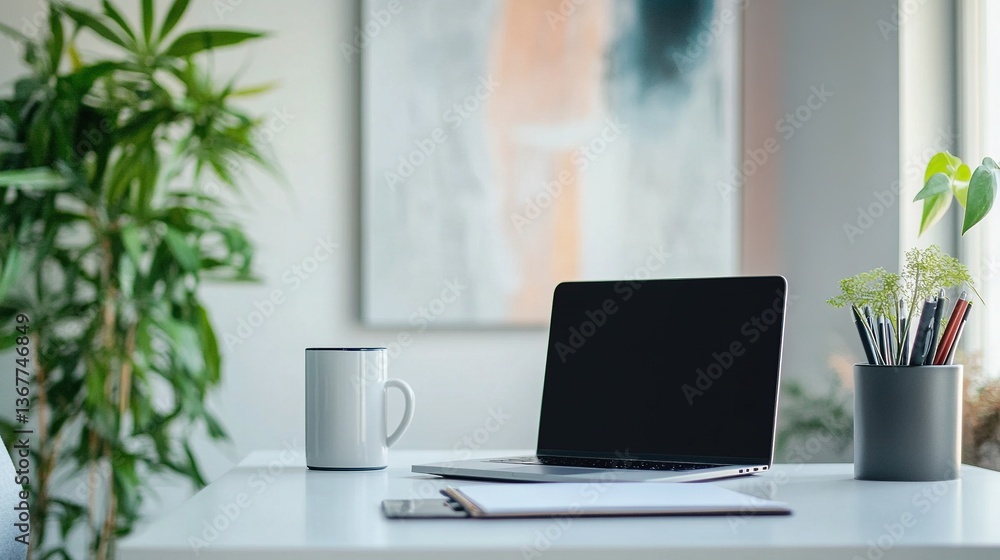 Fototapeta premium Minimalist modern home office workspace with laptop, and ceramic cup on white wooden desk with soft natural sunlight for remote work study concept. Minimalist Scandinavian style interior design.