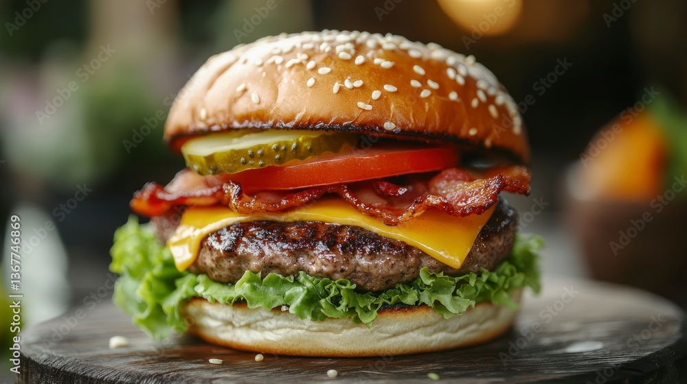Eating Delicious Hamburger with Bacon and Cheese on Wooden Board Eating Delicious Hamburger with Bacon and Cheese on Wooden Board