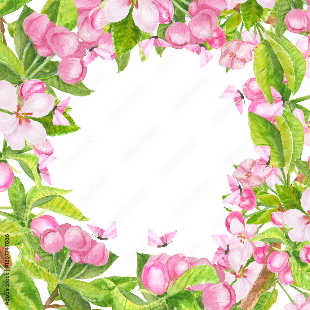 Red flowers, leaves and buds with pink butterflies watercolor floral wreath isolated on white. Blooming apple tree frame hand drawn with copy space for greeting cards. Red flowers, leaves and buds with pink butterflies watercolor floral wreath isolated on white. Blooming apple tree frame hand drawn with copy space for greeting cards.