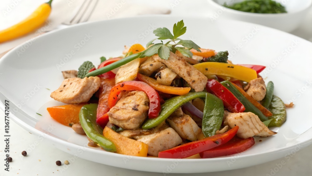 Colorful Chicken Stir-Fry with Fresh Vegetables and Sesame Seeds on a White Plate for Asian Cuisine Photography
Colorful Chicken Stir-Fry with Fresh Vegetables and Sesame Seeds on a White Plate for Asian Cuisine Photography