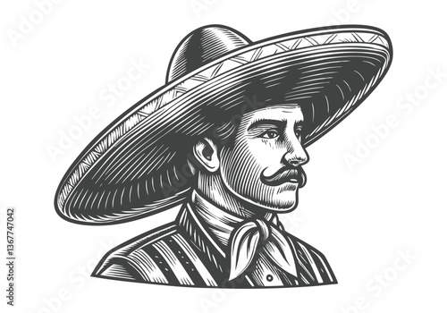 Black and white engraving-style illustration of a traditional Mexican charro in a sombrero with fine details and vintage aesthetic

