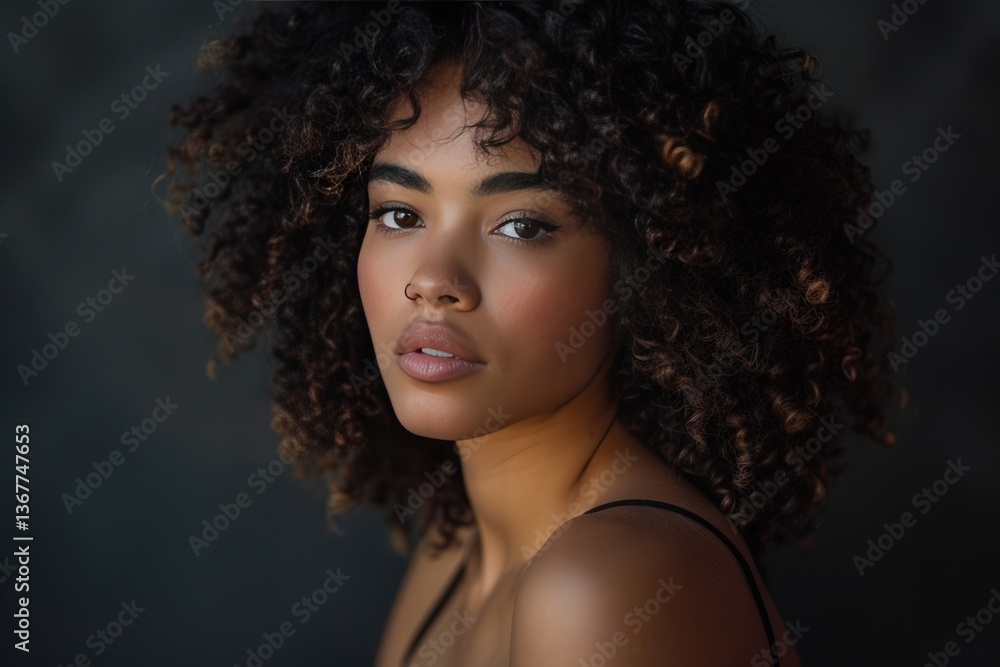 Elegant Woman With Curly Hair In Minimal Studio Portrait Elegant Woman With Curly Hair In Minimal Studio Portrait
