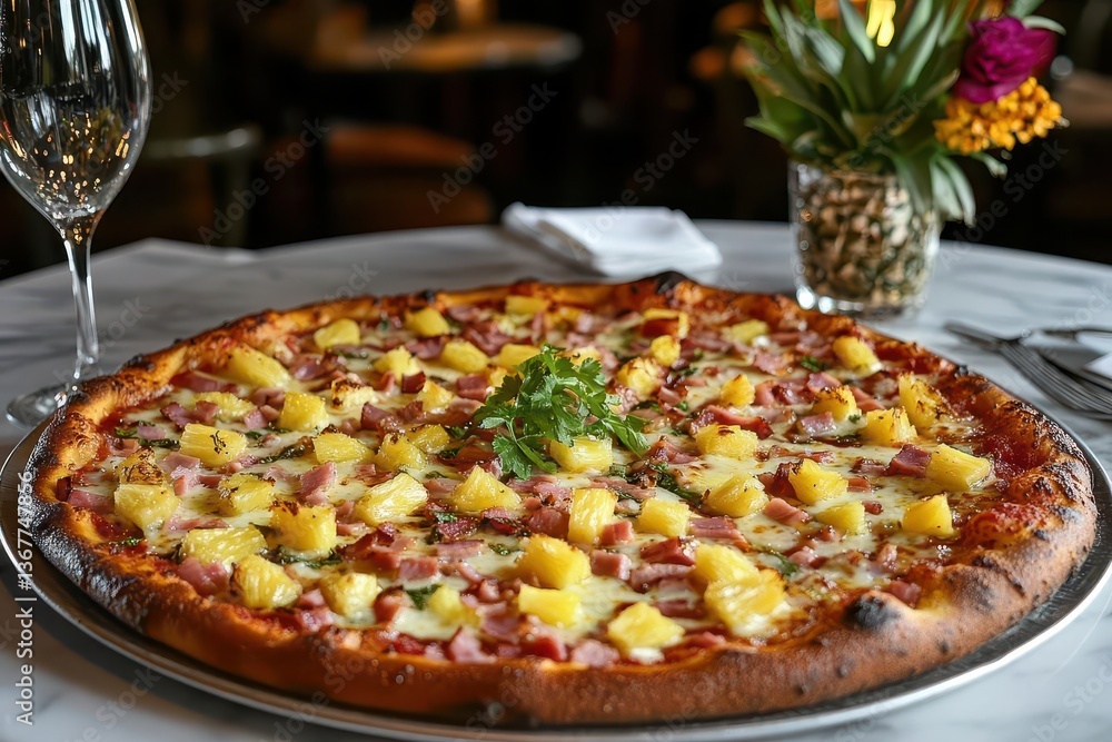 delicious hawaiian pizza featuring a vibrant array of juicy pineapples and savory ham slices perfectly baked and invitingly presented capturing the essence of tropical flavors