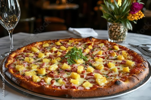 Obraz na płótnie delicious hawaiian pizza featuring a vibrant array of juicy pineapples and savory ham slices perfectly baked and invitingly presented capturing the essence of tropical flavors w salonie