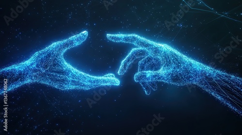 Digital Hands Reaching Out In Futuristic Light Network