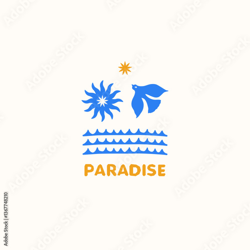 Paradise vector logo template. Sea beach emblem with flower, bird and sun.  Summer artwork for t-shirt and shopper bag design. Vector illustration. Fabric textile print.