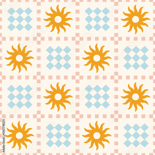 Patchwork seamless checkered pattern with sun flowers. Groovy retro background. Fabric textile print. Surface cover design.
