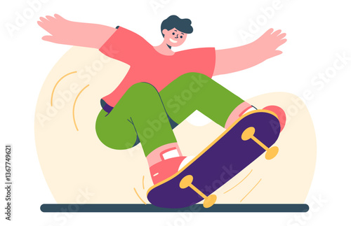 A boy performing a skateboard trick, dynamic motion, urban sport. Flat vector illustration with bright colors, minimalistic design, no shadows. Go Skateboarding Day