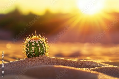 Obraz na płótnie desert cactus seedling emerging from golden sand dunes at sunrise macro detail with bokeh w salonie