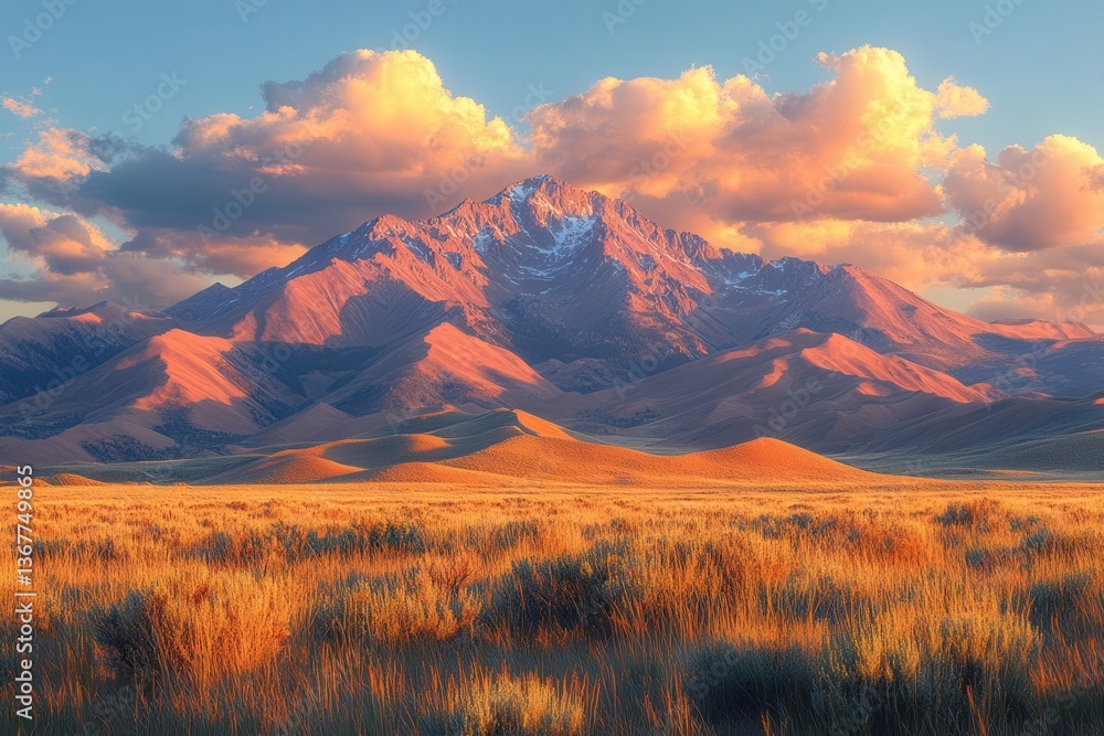 desert landscape at golden hour towering sand dunes casting long shadows sky ablaze with gradient sunset colors