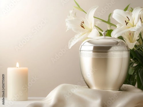 Elegant Cremation Urn with White Lilies and Candle
