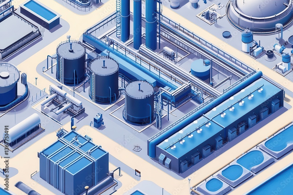 detailed 3d isometric illustration of modern water treatment facility with intricate network of blue pipes tanks and filtration systems