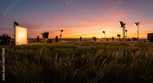 Film production crew and equipment on location in scenic grassland sunset