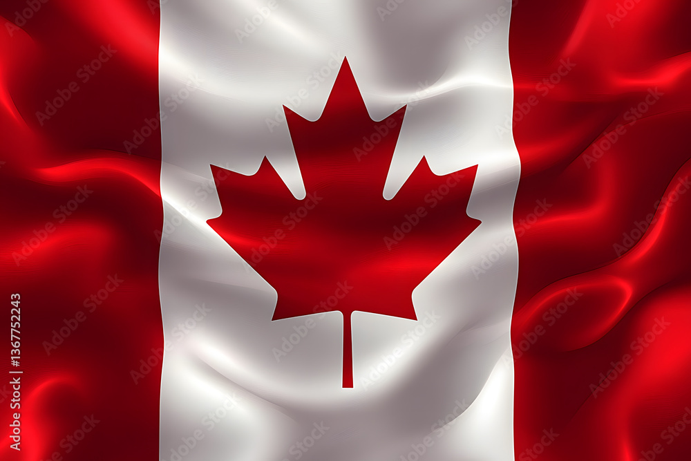 Obraz premium A vibrant Canadian flag flutters in the wind, showcasing its iconic red and white colors in sunlight