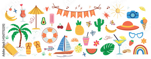 trendy, tropical fruits, desserts, summer elements. naive, summer set, isolated figures on a white background. minimalist, childish, naive style. for print, banners, social networks, and businesses. 