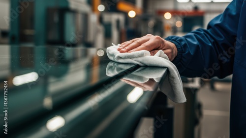 Hand wipes shiny surface with a rag in a factory setting.