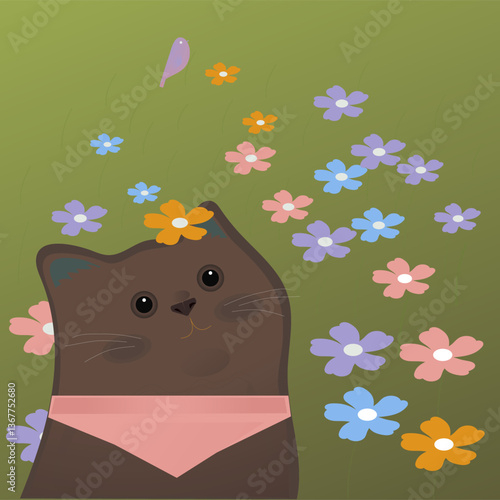 the cat walks in the flowers