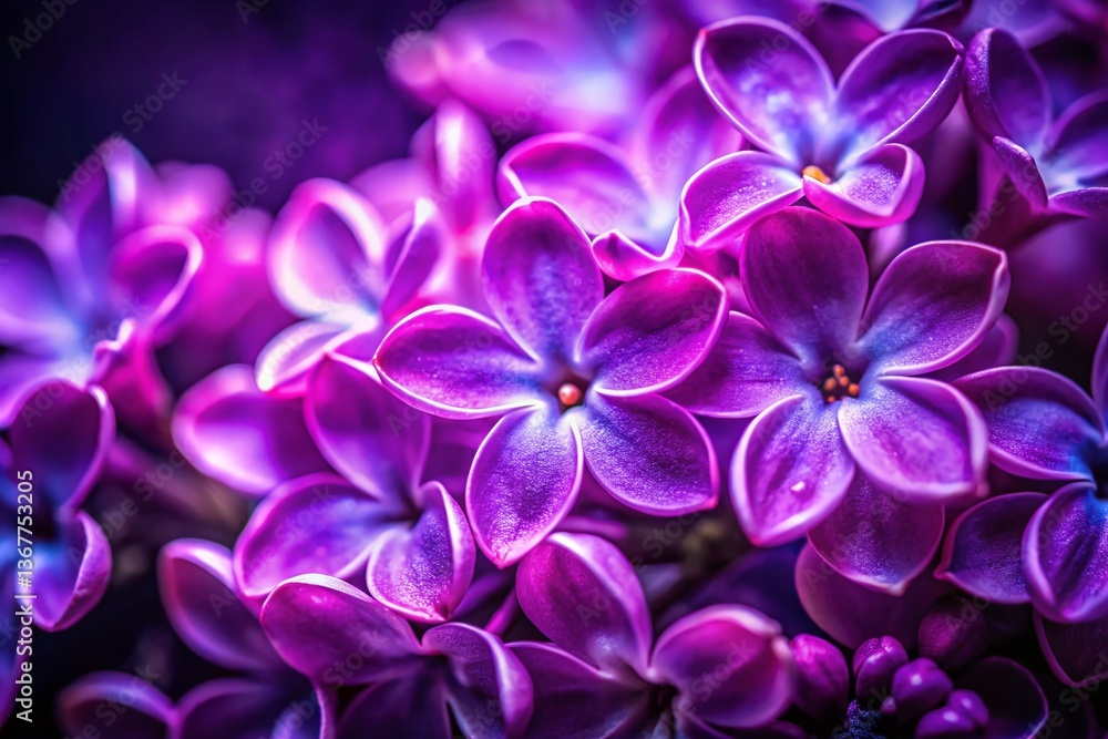 Macro Lilac 3D Neon Wall Mockup: Close-up of vibrant purple blossoms against a glowing neon background. Macro Lilac 3D Neon Wall Mockup: Close-up of vibrant purple blossoms against a glowing neon background.