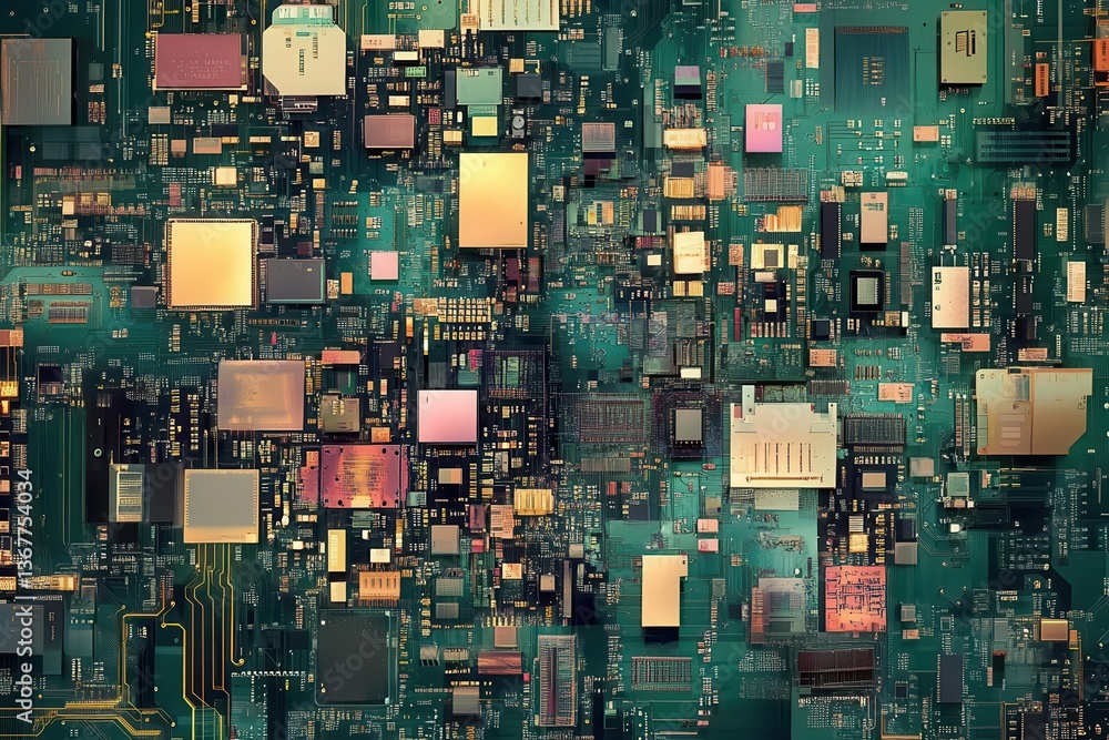 detailed depiction of a modern electronic circuit board filled with integrated semiconductors and microprocessors showcasing technological advancement and complexity