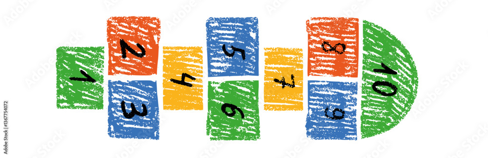 Cartoon hopscotch game with chalk squares, active child playing outside on schoolyard or playground, fun outdoor activity for kids. Flat vector illustration isolated on white background.