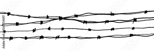 Barbed wire fence silhouette, military trench border wall. Battlefield barrier, prison or jail security element. Army defense vector illustration isolated on white background.