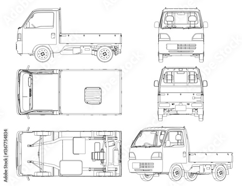 A truck is shown in different angles, with the front and back of the truck being the most detailed. The truck is a small, compact vehicle with a bed on the back. Concept of simplicity and practicality