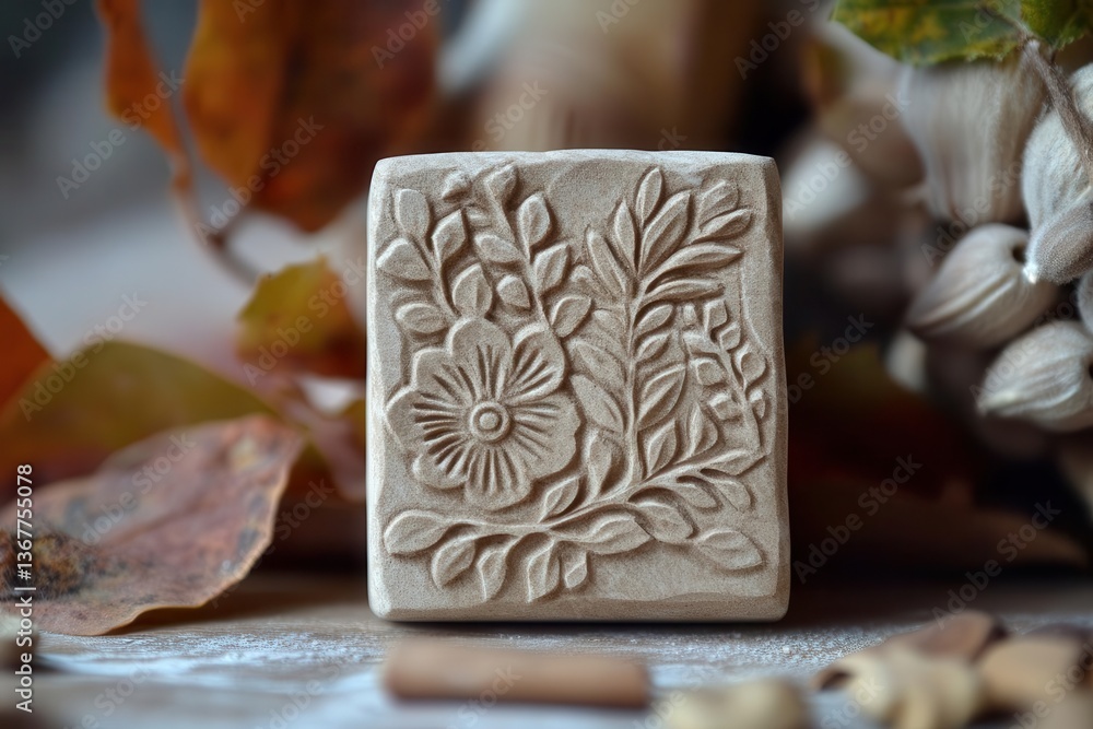 detailed floral design imprinted on a clay stamp showcasing beautiful patterns and textures ideal for artistic applications in crafting and pottery evoking a sense of creativity