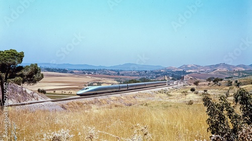 High-speed train traveling through rural landscape.