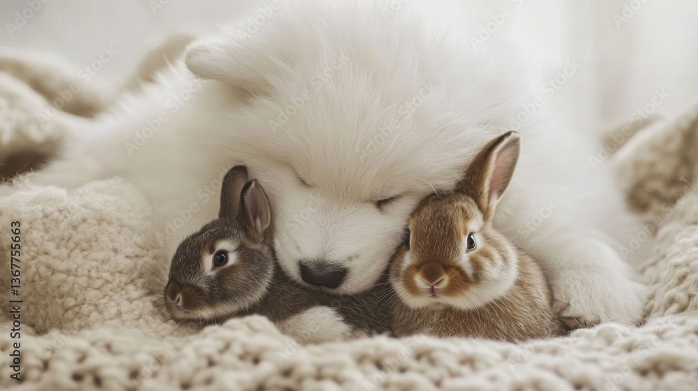 Puppy snuggling with rabbits. Puppy snuggling with rabbits.