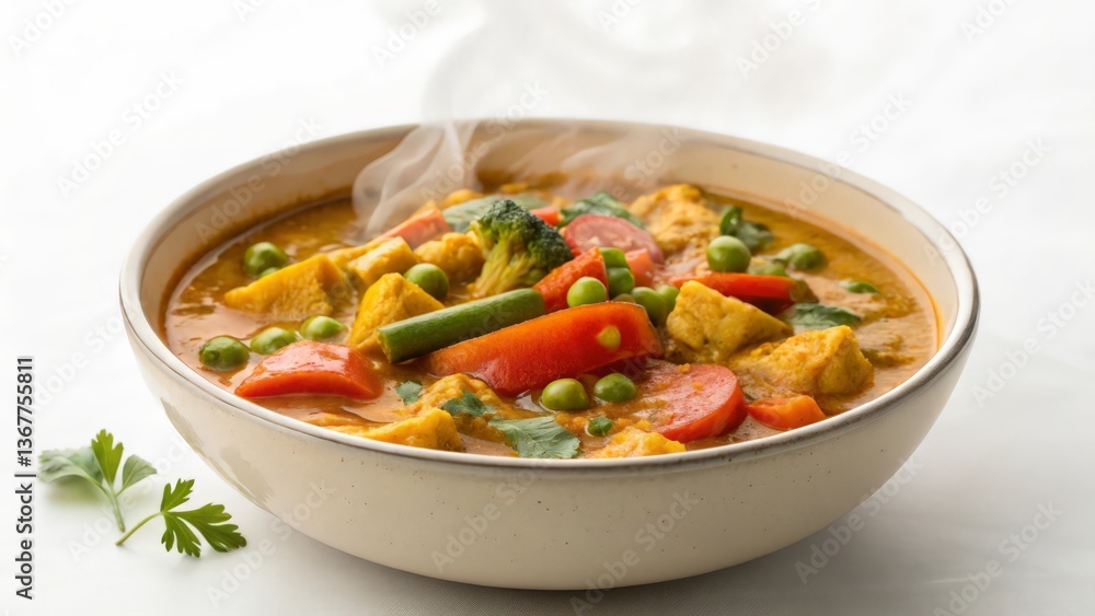 Steaming Bowl of Colorful Vegetable Curry with Tofu and Fresh Herbs
Steaming Bowl of Colorful Vegetable Curry with Tofu and Fresh Herbs