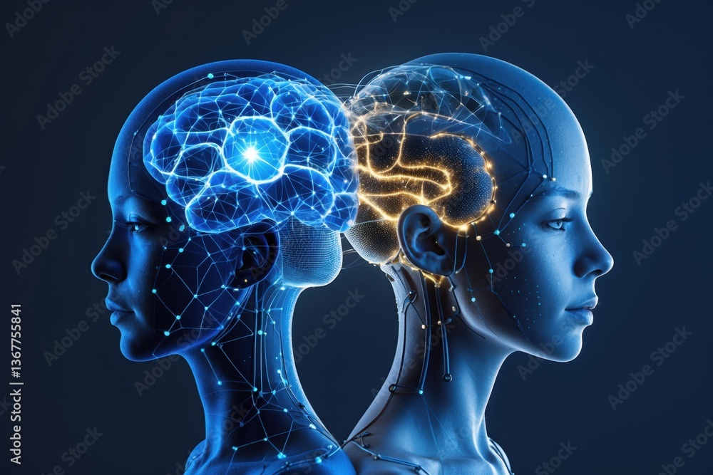 Obraz premium Digital representation of two human profiles with illuminated brain areas showcasing intelligence, connectivity, and technology
