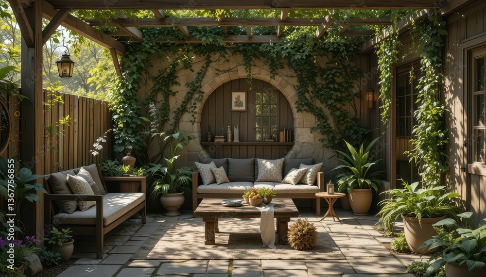 Fototapeta premium Charming Outdoor Patio with Cozy Seating and Lush Greenery