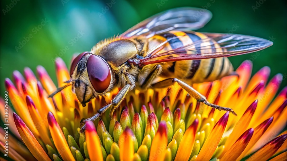 Macro Photography: Mimic Syrphid Fly on Summer Flower, Detailed Pollination Macro Photography: Mimic Syrphid Fly on Summer Flower, Detailed Pollination