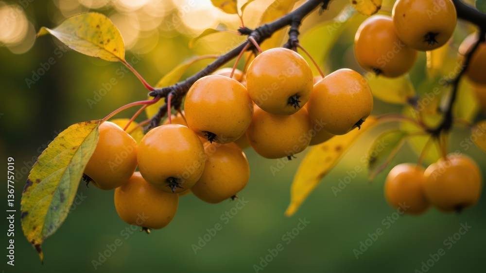 Close-up of ripe, yellow apples hanging on a branch with golden light bokeh.