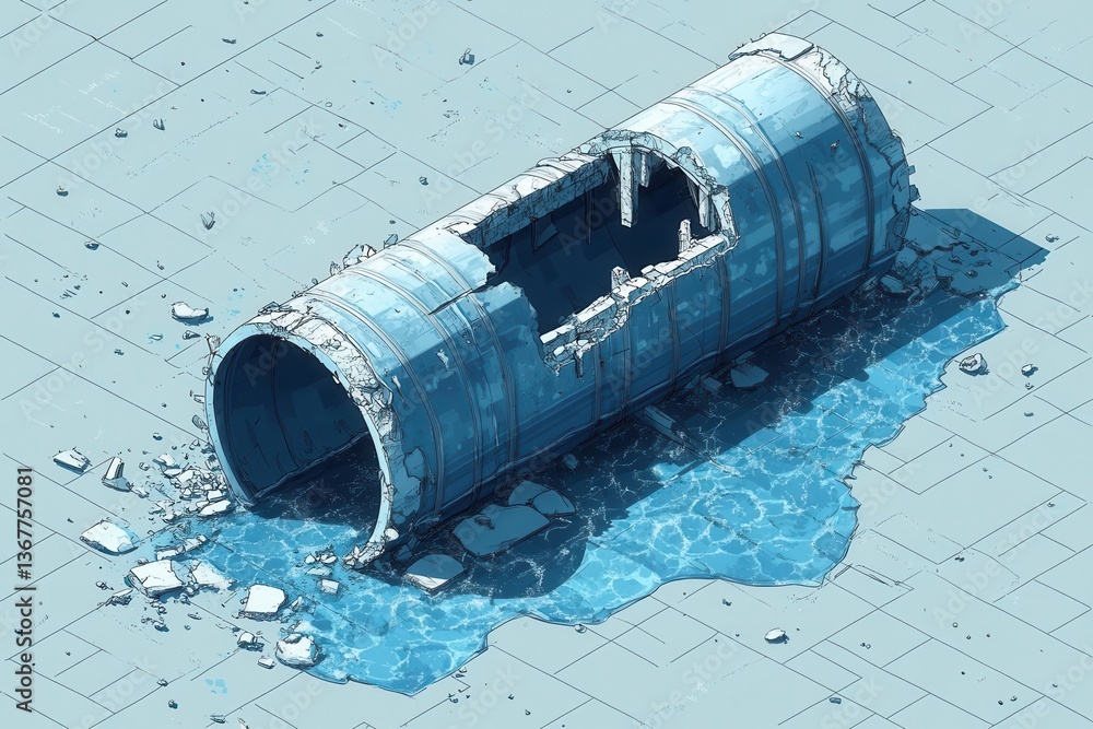 detailed technical illustration of broken pipe crosssection water damage effects isometric view blueprint style professional diagram