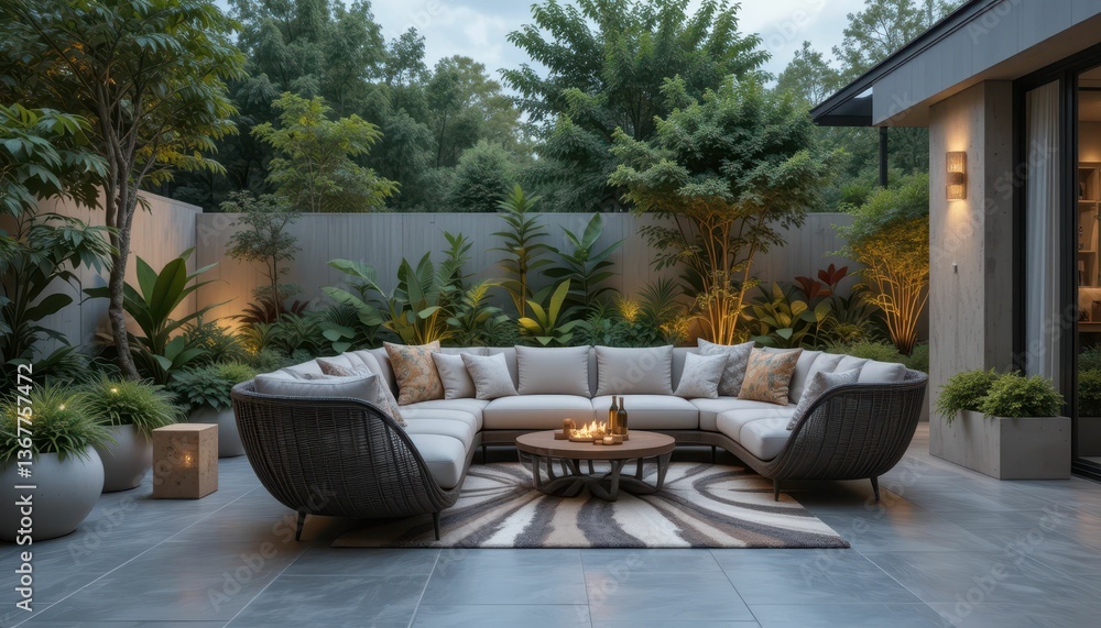 Fototapeta premium Elegant Outdoor Lounge with Cozy Seating and Lush Greenery