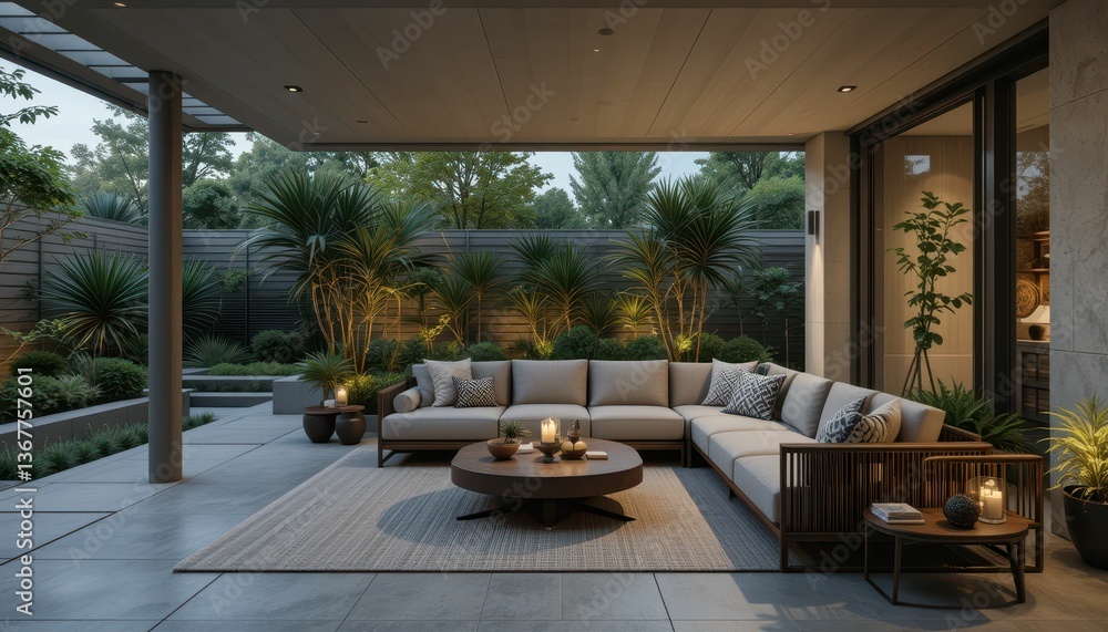 Fototapeta premium Modern Outdoor Living Space with Cozy Sofa and Lush Greenery