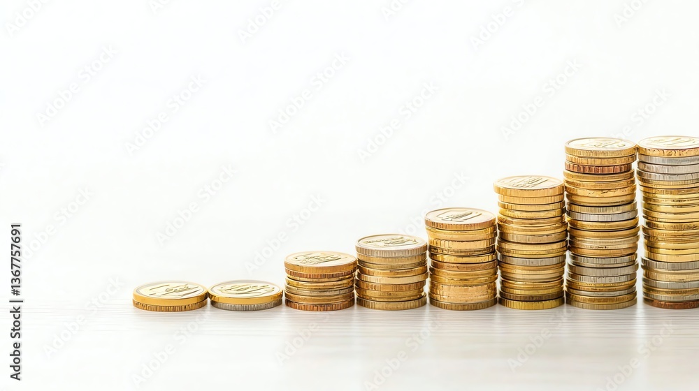 stacks of gold coins, with circular tax labels, floating above white background, financial and clear stacks of gold coins, with circular tax labels, floating above white background, financial and clear