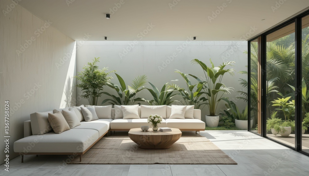 Naklejka premium Modern Minimalist Living Room with Greenery and Cozy Sofa