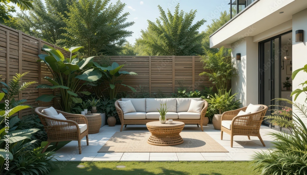 Obraz premium Cozy Outdoor Living Space with Comfortable Seating and Lush Plants