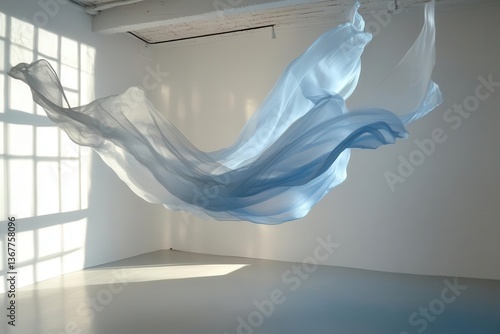 diaphanous white and blue silk fabric suspended in midair capturing ethereal movement with dramatic lighting and soft shadows