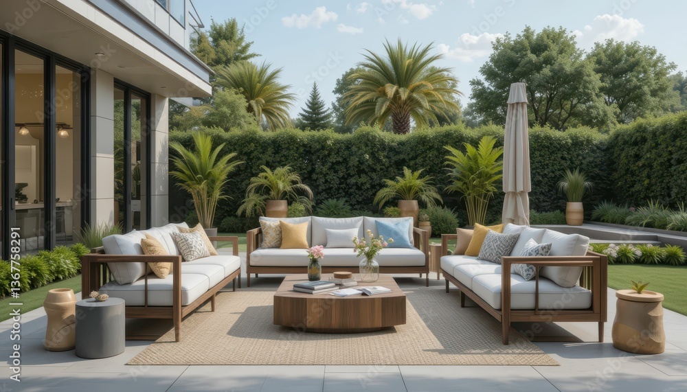 Fototapeta premium Modern Outdoor Living Space with Stylish Furniture and Tropical Plants