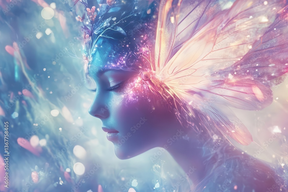 digital art portrait of mystical forest spirit with glowing butterfly wings ethereal pastel colors in dreamy watercolor style