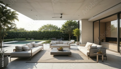 Modern Outdoor Living Space with Stylish Furniture and Pool View