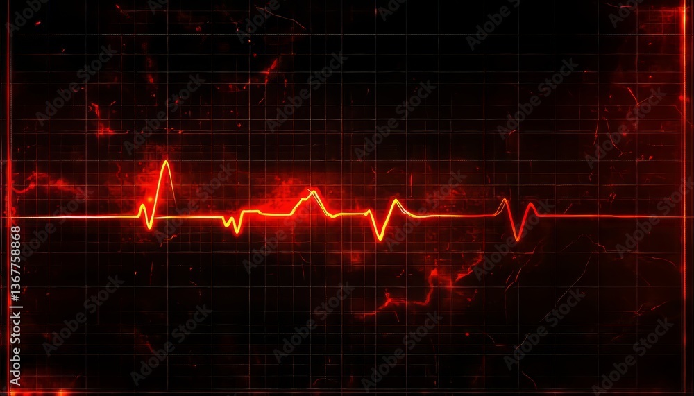Glowing Red Electrocardiogram ECG Line on Dark Digital Grid, Medical Technology Illustration. Glowing Red Electrocardiogram ECG Line on Dark Digital Grid, Medical Technology Illustration.